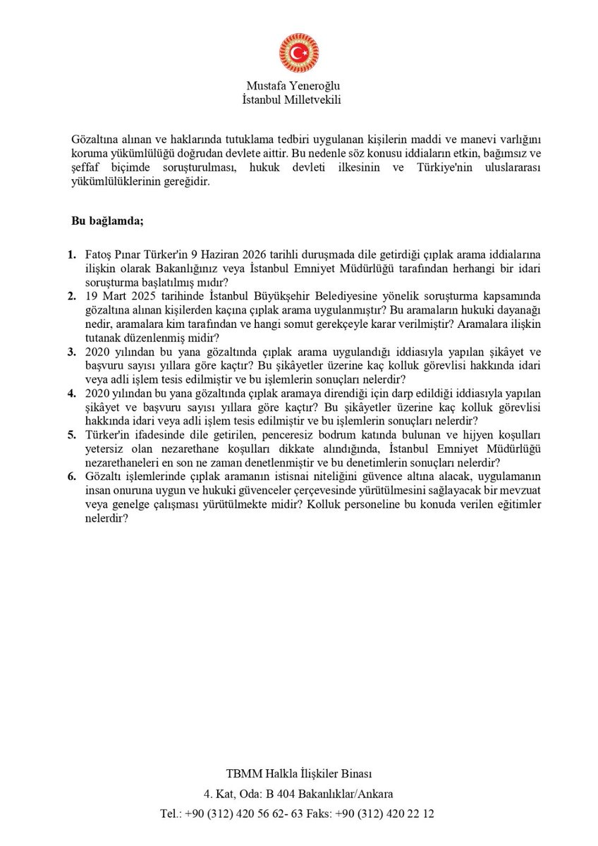 myeneroglu's tweet photo. Fatoş Pınar Türker’in mahkemede dile getirdiği çıplak arama iddiaları hakkında İçişleri Bakanı Mustafa Çiftçi'ye soru önergesi verdim. 👇🏼

“Pınar Hanım, yaşadıklarını mahkeme salonunda açıkça ve tüm ayrıntılarıyla dile getirme cesaretini göstermiştir. İyi ki anlatmıştır; çünkü bu kahredici uygulamayla ancak toplum olarak açıkça yüzleşirsek mücadele edebiliriz. 

Yüzleşmediğimiz takdirde bu uygulamalar ne ortadan kaldırılabilir ne de önlenebilir; aksine geçmişte de devamlı yapıldığı gibi yalanlanır ve üzeri örtülür.

Gözaltında çıplak arama hukukumuzda yeri olmayan, insan onurunu yok sayan bir saldırıdır. Suç isnadı ne olursa olsun hiç kimse insan onuruyla bağdaşmayan muameleye tabi tutulamaz.

Bu iddialar karşısında sessiz kalınamaz; derhal etkin bir soruşturma başlatılmalıdır."

https://t.co/TkmqBJukQZ