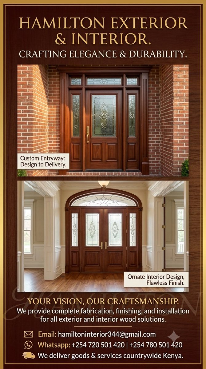 HamiltonDsigns's tweet photo. Upgrade with Hamilton Exterior &amp; Interior Kenya Ltd. We custom-make and install mahogany doors, frames, architraves, and locks. Elegant, durable, and nationwide. Transform your space today. Contact us for a quote!

Edwin Sufuna
Tomorrow South Africa
Starlink
Kamba Witchcraft https://t.co/tQt1YUUNxx