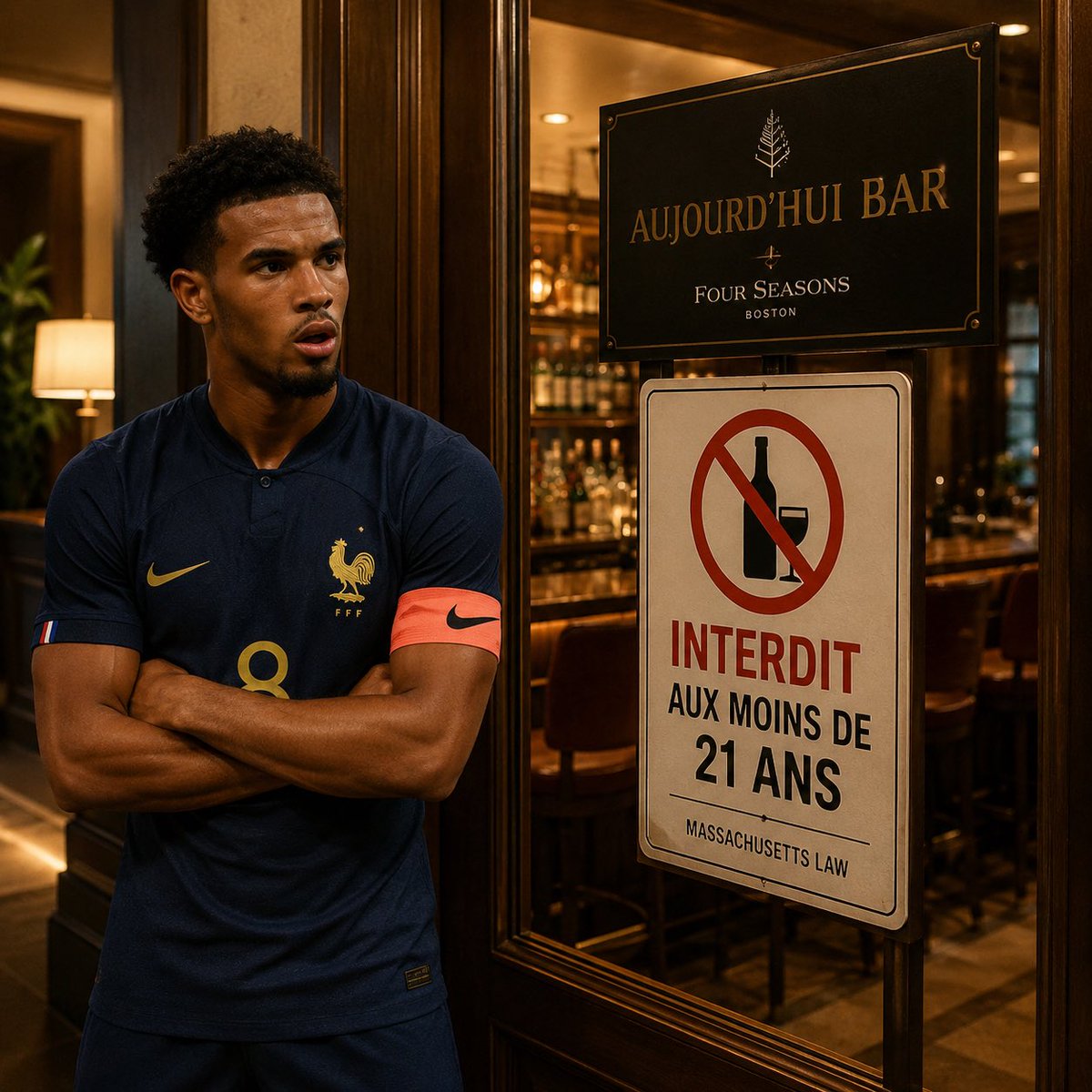 LeFoototal's tweet photo. 🇫🇷🏨 Une règle insolite attend les Bleus à Boston !

Les moins de 21 ans n’ont pas le droit d’entrer dans un bar

Conséquence : le jeune milieu du PSG, qui n’a pas encore 21 ans, ne pourra théoriquement pas traverser le bar de l’hôtel, contrairement à son coéquipier Désiré Doué https://t.co/KRCiA8EGB7