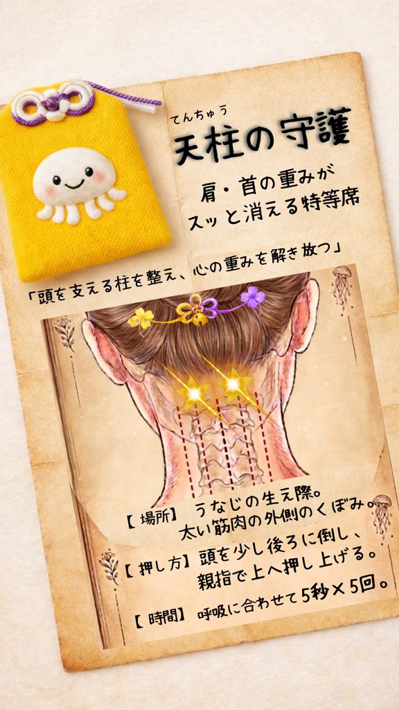 bunny_hoshi_'s tweet photo. 首筋に沈む「5kg」の重圧。

それは脳と眼が限界を迎えたサイン。
自律神経を繋ぎ止める『天柱』の場所。

ここを解けば、重だるい霧は晴れる。

週末、自分を崩壊させないための
お守り（ケア方法）を画像に閉じ込めた。

保存して、いつでも見返せる状態に。
心と身体を整える習慣をここから。 https://t.co/smt1rVF0kG