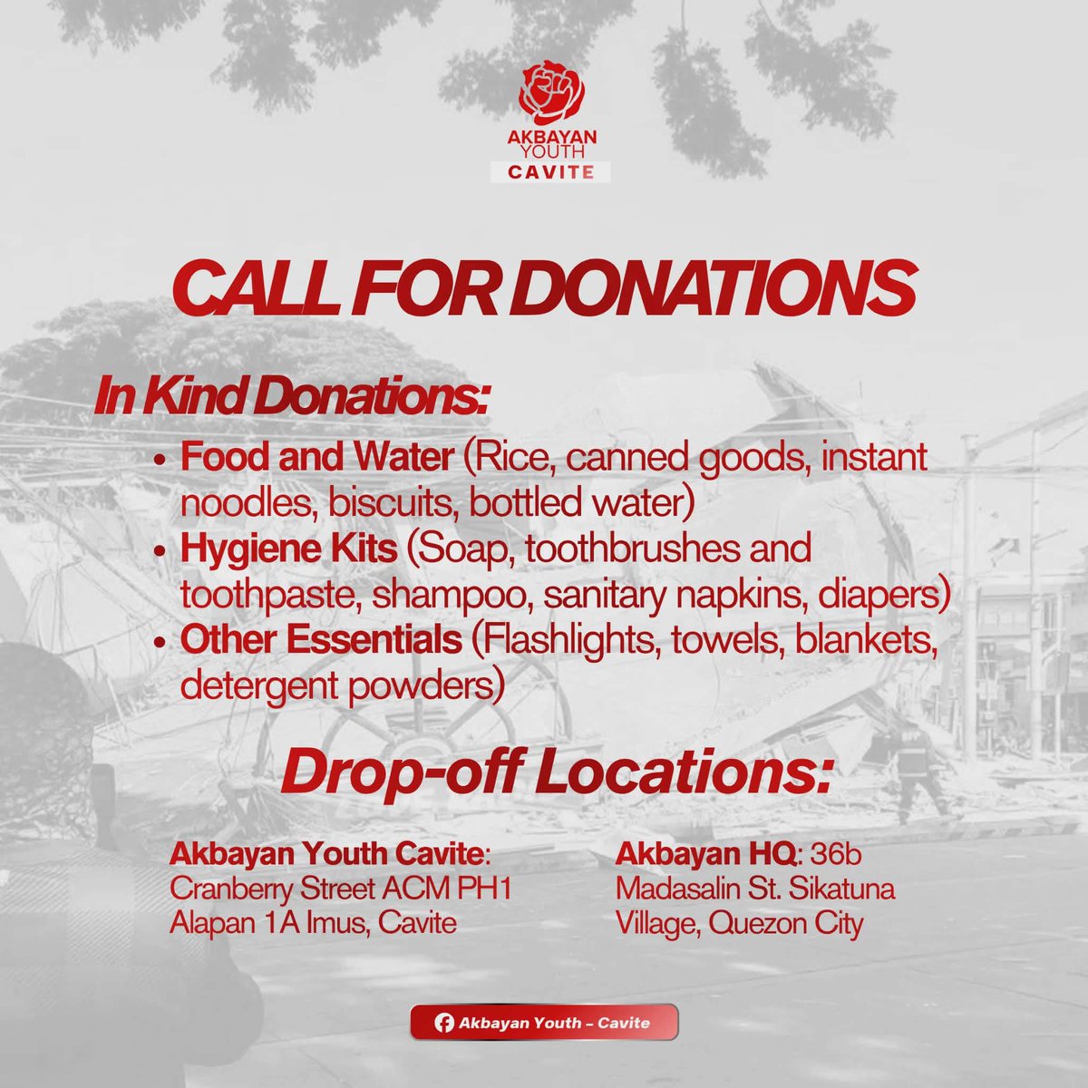 AYCavite's tweet photo. 𝗛𝗘𝗟𝗣 𝗙𝗢𝗥 𝗠𝗜𝗡𝗗𝗔𝗡𝗔𝗢 | In response to the devastating 7.8-magnitude earthquake that struck Mindanao last Monday, June 08, Akbayan Youth National and Cavite has launched a donation drive to provide assistance to affected communities

#BangonMindanao
#AkbayanYouthCavite https://t.co/KbzBDTudzP