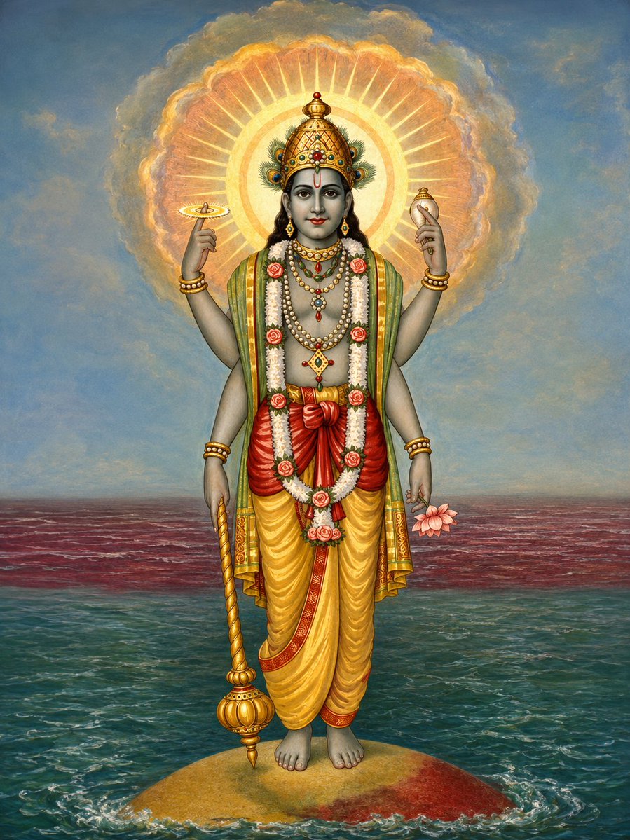 SaffRonicMan's tweet photo. Four sacred arms. Four eternal symbols. Each holding a force upon which the universe itself depends.

The Shankh resounds with the primordial vibration of creation-the divine sound from which existence unfolds.

The Sudarshana Chakra is the wheel of cosmic order, cutting through ignorance and bringing an end to all that has outlived its purpose.

The Lotus rises untouched from the depths of muddy waters, reminding us that purity, grace, and enlightenment can bloom even amidst life's greatest challenges.

The Kaumodaki Gada embodies divine strength—the unwavering power that protects righteousness, upholds dharma, and shields the virtuous.

Bhagwan Vishnu is not merely the Preserver of the universe. In His hands rests the delicate balance of creation and destruction, strength and compassion, justice and mercy. Through these sacred symbols, He sustains the cosmic harmony that governs all existence.
