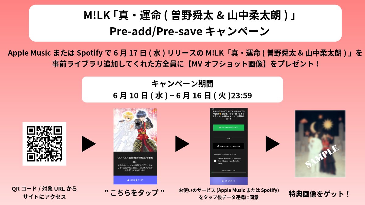 milk_info's tweet photo. ／
「モー烈モー進！リリースプロジェクト2026」第2弾
プレアドプレセーブキャンペーン実施決定！
＼

キャンペーン期間中にApple MusicまたはSpotifyで
6月17日(水)リリースの『真・運命(曽野舜太&山中柔太朗)』を事前ライブラリ追加していただいた方全員に
【MVオフショット画像】をプレゼント🎁✨

詳細はこちら⇩
https://t.co/B1Kxddl7u0

#マジデスティニー
#曽野舜太 #山中柔太朗
#MILK