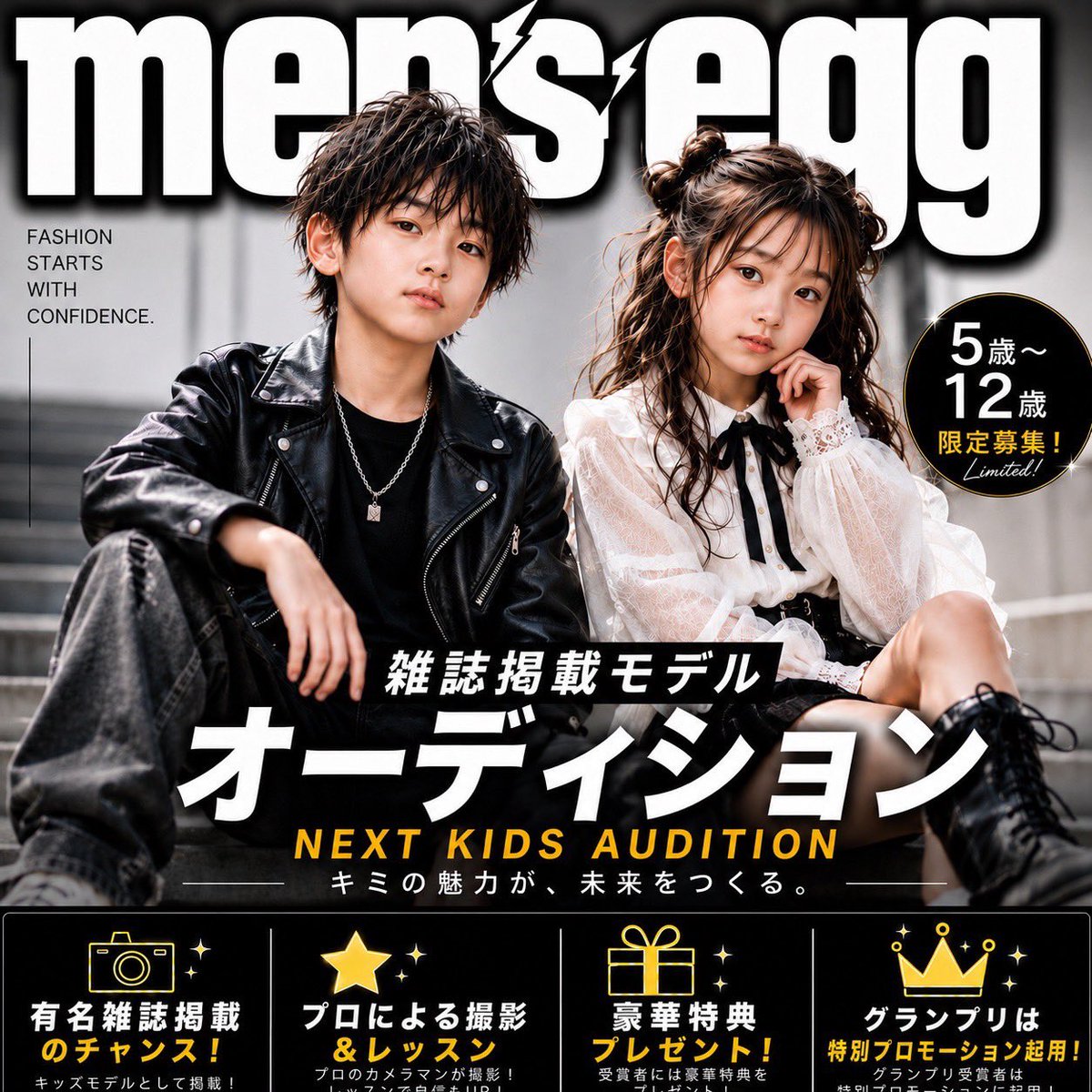 mensegg88's tweet photo. 📢 5〜12歳対象 キッズモデルオーディション開催中！

👑雑誌掲載のチャンス
👑プロによる撮影＆レッスン
👑豪華特典あり

📍名古屋 8/12
📍福岡 8/24

『やってみたい！』を本気で応援します✨

応募はこちら👇
https://t.co/jvLqHPMrmv

#キッズモデル
#キッズモデル募集
#モデルオーディション https://t.co/ioPWGkndtY