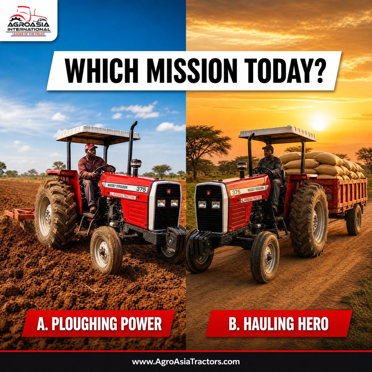 AgroAsiaTractor's tweet photo. WHICH MISSION IS CALLING YOU TODAY?
Every day on the farm brings a new challenge. Are you breaking ground or bringing home the harvest?

A) Ploughing Power
B) Hauling Hero

#AgroAsiaInternationalFZE #MasseyFerguson #AfricaFarming #MF375 #Ploughing #Harvest #TractorPower https://t.co/ojTscMrrbK