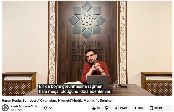elmuhaacir's tweet photo. Harun Kuşlu Hoca (@KusluHarun), Sühreverdi'ye mantık tarihi araştırmalarında iki yaklaşım olduğunu söylüyor:

“Sühreverdi'nin mantığının bütünüyle bir meşşailik eleştirisi, özcülük eleştirisi olduğunu iddia edenler; böyle görünmesine rağmen hala meşşai olduğunu iddia edenler.” https://t.co/UZknB9A6sz