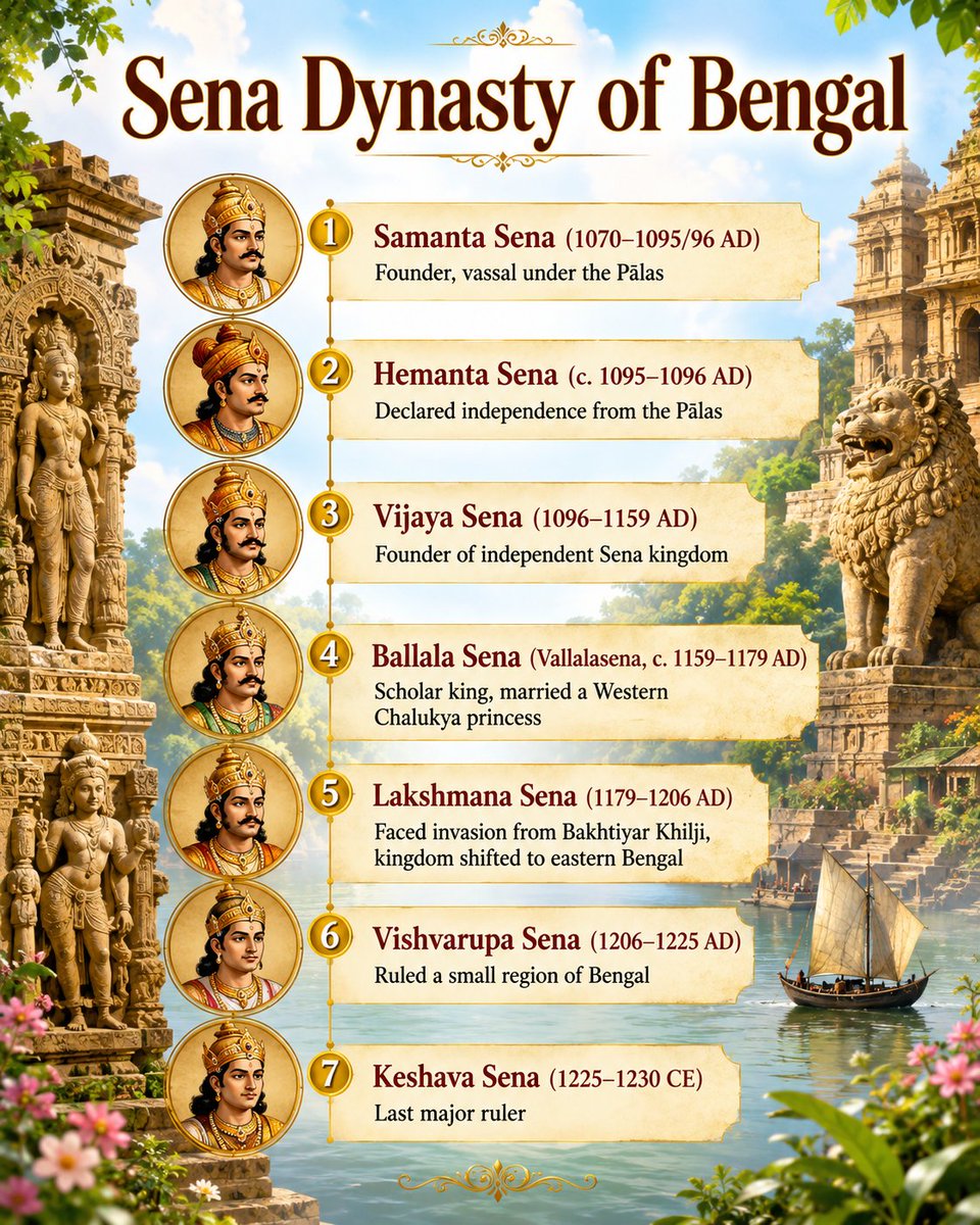 PrasunNagar's tweet photo. The Sena dynasty of Bengal...! 

The founder of the line was Samanta Sena, who was a migrant from Karnataka. 

He was a vassal under the Pālas, but his successors declared independence, conquered what ever was left of the Pālas and ruled Bengal, Magadha, parts of Kalinga till about 1206.

They had to face the onslaught of Delhi Sultanate under Bakhtiyar Khilji. 

Due to invasions, internal strife, this dynasty was also consigned to the pages of history by 1260 AD.