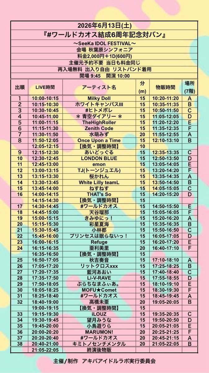 WC_campus3's tweet photo. 『 #ワールドカオス 結成6周年記念対バン』@ AKiBA SinfoniA
2026/06/13 SAT

開場　09:45
出演　10:15-10:30
物販　10:35-11:35

料金　¥2,000(+1D)

予約不要

#ホワキャンライブ情報 https://t.co/YyuvMxclfQ