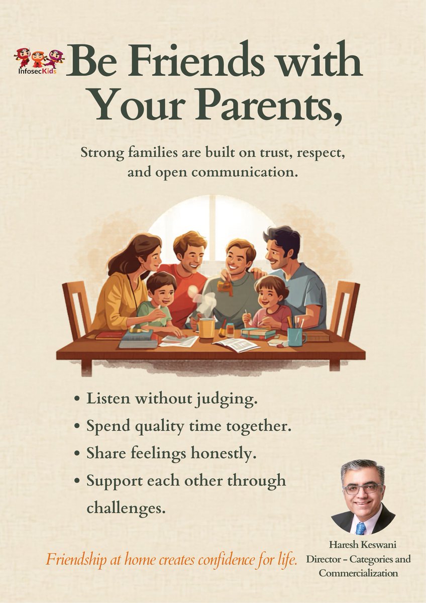 infoseckids's tweet photo. 🔐 Day 41 of 101 Days Of Cyber Safety For Kids by infoseckids

 "Be friends with your parents, and parents be friends with your kids."

 cyber safety filter is trust and open conversation at home.

Advice from Haresh Keswani
#CyberSafety #InfoSecKids #DigitalParenting https://t.co/fWEC2I5mdm