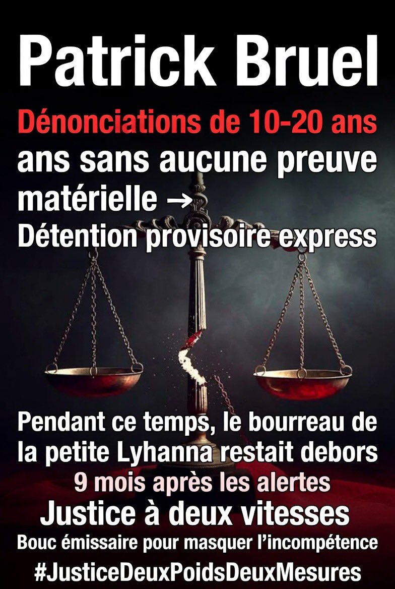 Guigz75116's tweet photo. Je vais le dire comme je le pense, même si ça ne plaira pas à tout le monde : 

je ne connais quasiment rien à l’histoire de Patrick Bruel. 

Mais ce qui m’interpelle, c’est le traitement réservé à cette affaire.

Des dénonciations qui remontent à 10, 15 ou même 20 ans, sans preuves matérielles tangibles, et on assiste à une garde à vue, puis une réquisition de détention provisoire express. On sort l’artillerie lourde.

Pendant ce temps, le bourreau de la petite Lyhanna, lui, est resté tranquillement dehors neuf mois après les premiers signalements et alertes. 

Neuf mois pendant lesquels la justice a traîné des pieds, malgré une enfant en danger.

On a l’impression que la machine judiciaire se réveille seulement quand l’affaire fait du buzz national et qu’il faut un coupable médiatique à montrer du doigt. 

Patrick Bruel devient alors le bouc émissaire idéal pour masquer l’incompétence chronique, les dysfonctionnements répétés et le deux poids deux mesures de notre système.

Quand c’est une star, on réagit vite et fort. Quand c’est une gamine anonyme issue d’un milieu modeste, on laisse filer. 

Triste symbole d’une justice qui semble plus préoccupée par sa communication que par la protection réelle des victimes.
#JusticeDeuxPoidsDeuxMesures #PatrickBruel #AffaireLyhanna #JusticeFrançaise