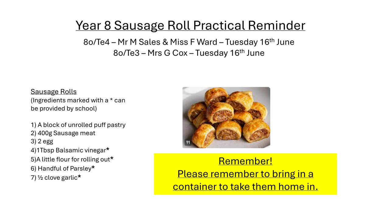 BruntsAcademy's tweet photo. Food Practical reminders for week commencing the 15th June.

Please remember your ingredients on your double lesson and to bring in a container.

Thankyou. https://t.co/e2vIDkeTZy