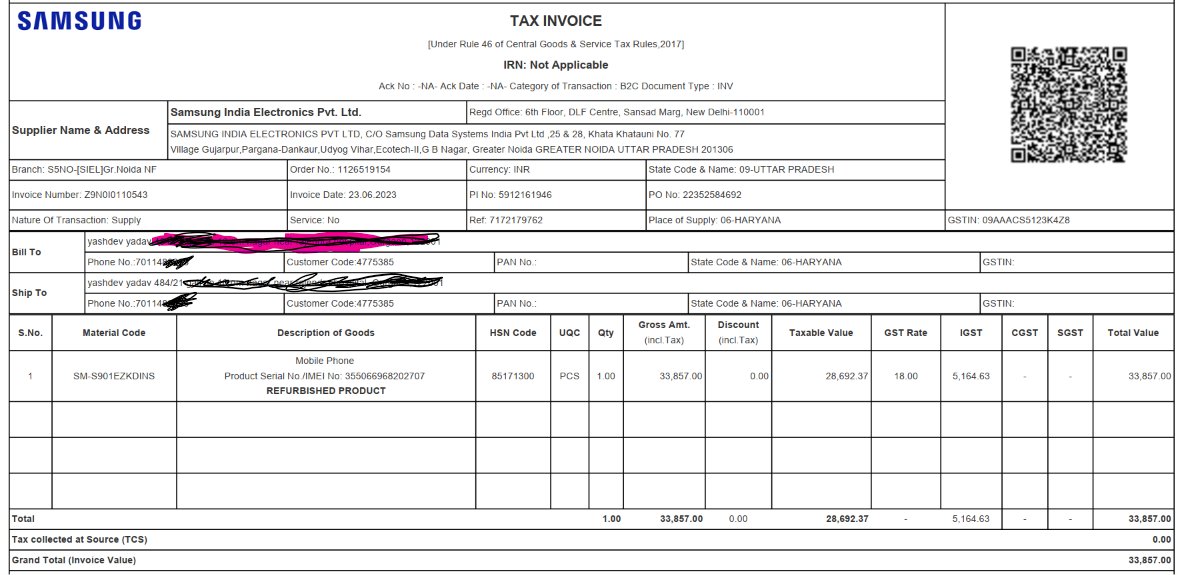 kingv70's tweet photo. Bought a Samsung Galaxy S22 directly from Samsung Shop Online as a refurbished unit. Invoice issued by Samsung India Electronics Pvt. Ltd. Full GST paid. ₹33,857. @SamsungIndia https://t.co/eZWAikRW6K