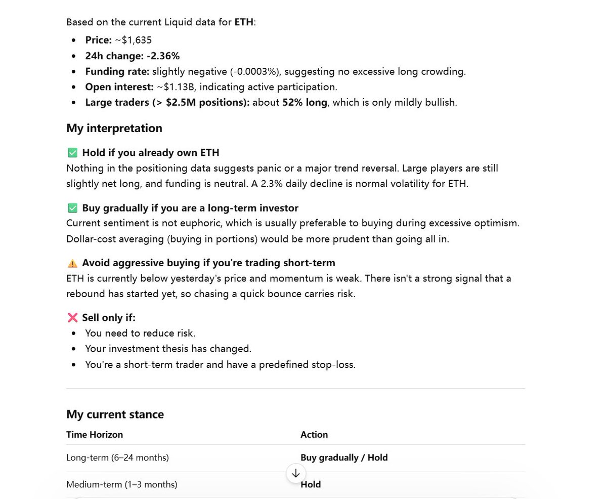 AiCryptoLive's tweet photo. Still long term bullish on ETH, so I asked Liquid’s Co-Invest what it thinks right now.

It says hold and buy on dips gradually.

But tbh I’m still kinda scared at this price 😂 feels like it might drop more first.

Screenshot saved, let’s see if it’s accurate.

@liquidtrading https://t.co/YRKvd6NFyZ