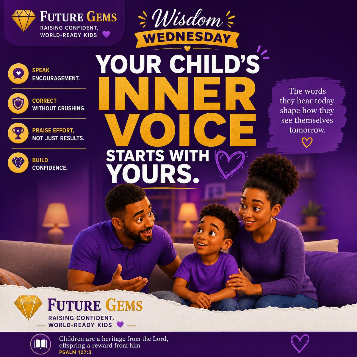 FutureGKLH's tweet photo. Children borrow their inner voice from the people who raise them.

Today's encouragement can become tomorrow's confidence.

Let's choose words that build, guide, and strengthen. 💜💎

#WisdomWednesday #FutureGems #Parenting https://t.co/6stuYhY5XU