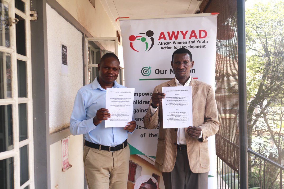 AWYAD_UG's tweet photo. We’re excited to officially announce the signing of a Memorandum of Understanding (MoU) between Caritas Heart2Heart Impact and African Women and Youth Action for Development (AWYAD) both national organizations committed to transforming lives across Uganda.

This partnership marks a strategic collaboration to advance opportunities for women and youth, strengthen community resilience, and drive sustainable development at scale. By combining our strengths and shared vision, we are set to deliver more impactful, far-reaching programs nationwide.

Together, we’re amplifying our reach, deepening our impact, and building stronger, more empowered communities. 

#Partnerships #NationalImpact #CommunityDevelopment #WomenEmpowerment #YouthEmpowerment #AWYADAT10