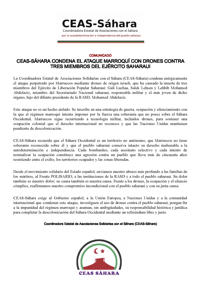 CEASsahara's tweet photo. Desde CEAS condenamos enérgicamente el ataque mortal del régimen marroquí contra tres miembros del Frente POLISARIO y exigimos que el Gobierno Español y la UE condenen esta grave violación de los derechos humanos. https://t.co/Osbc9tXPSK