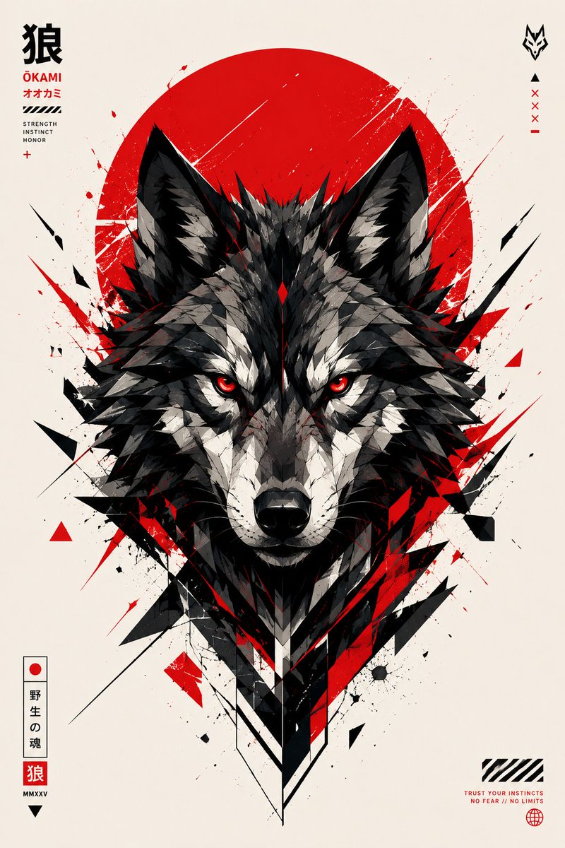 harboriis's tweet photo. Generated with GPT Image 2 on ChatGPT

Prompt:
Ultra-aggressive geometric wolf head illustration centered in a minimalist poster composition. Front-facing wolf portrait with piercing glowing red eyes, sharp symmetrical facial structure, detailed fur created from angular polygonal vector shapes and fractured geometric shards. Black, charcoal gray, and white color palette with intense crimson red accents.
A large flat red sun circle positioned behind the wolf's head creates a powerful Japanese poster aesthetic. Explosive abstract brush strokes, shattered triangular fragments, paint splashes, and dynamic diagonal slashes burst outward from the wolf, creating motion and energy. Clean off-white background with strong negative space.
Premium vector artwork, high contrast, razor-sharp edges, esports logo style, cyberpunk meets Japanese graphic design, modern streetwear branding, tattoo design aesthetic, bold silhouette, ultra-clean vector rendering, symmetrical composition, poster-ready artwork, minimalist yet powerful visual impact, Behance showcase quality, 8K resolution.
Style Keywords: Japanese graphic design, geometric wolf, vector illustration, esports logo, streetwear graphic, red sun aesthetic, angular shapes, aggressive branding.