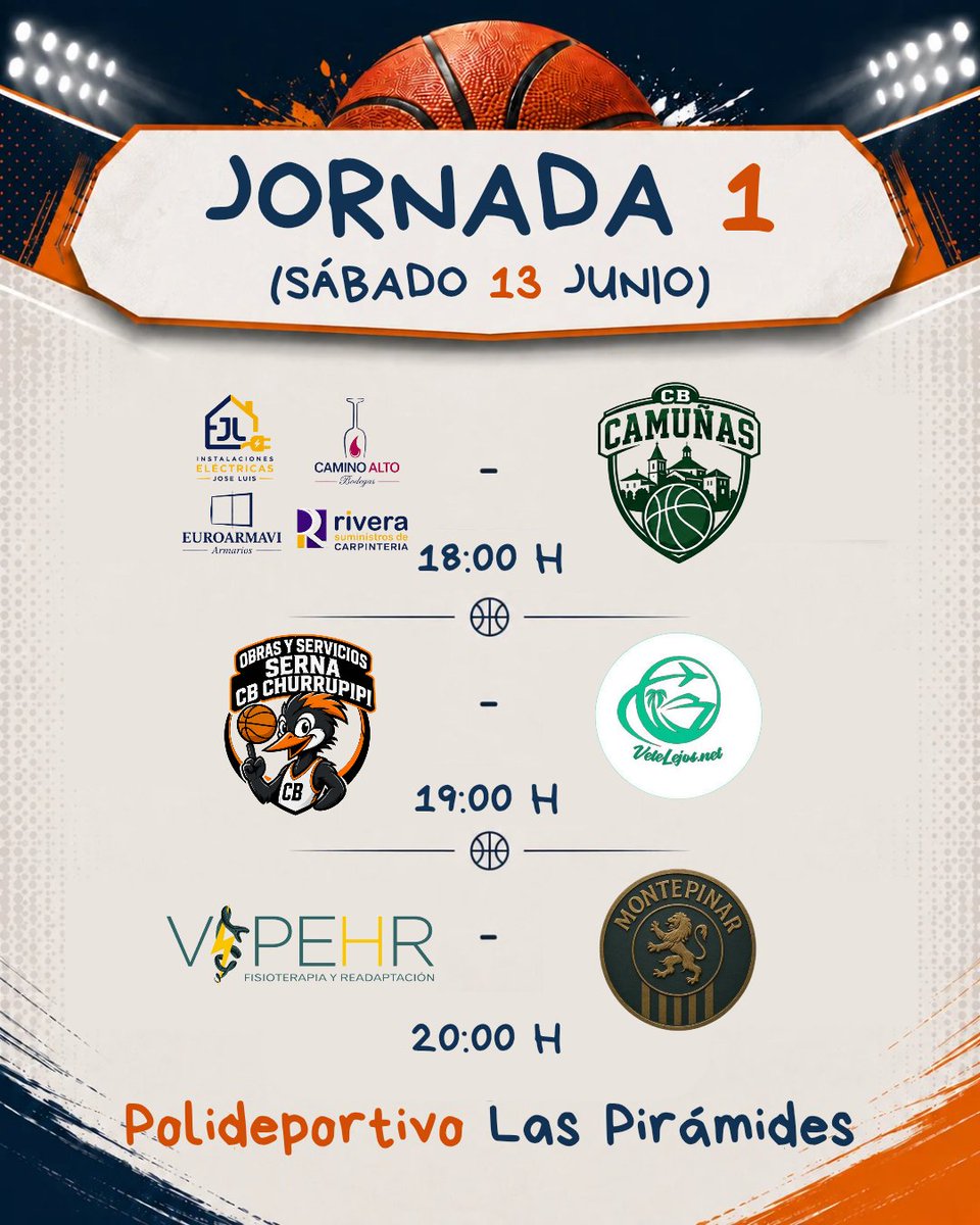 cbvillaca's tweet photo. 🏀 Jornada 1

📅 Sábado 13 Junio.

⏰ 18:00 — Inst. Eléctricas José Luis - Euroarmavi - C. Ribera - Camino Alto 🆚 CB Camuñas
⏰ 19:00 — Obras y Servicios Serna CB Churrupipi 🆚 https://t.co/dUKDbIwBSI
⏰ 20:00 — Vipehr Fisioterapia 🆚 CB Montepinar

📍 Polideportivo Pirámides. https://t.co/foCr7CDTme