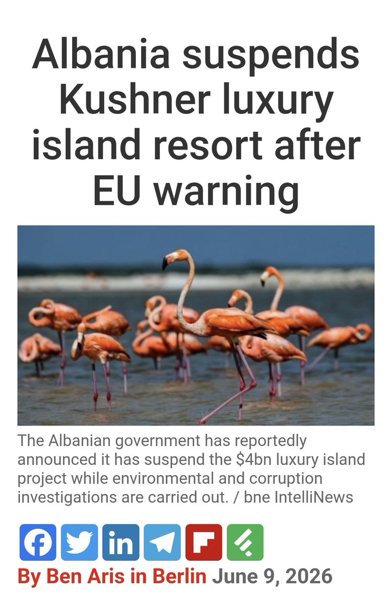 AnnaDeMilanese's tweet photo. Die Flamingo-Revolution 🦩🦩🦩
Verifiziert
Die EU hat gesprochen. Gestern. 9. Juni.

EU-Kommissionssprecher Guillaume Mercier gestern an Albanien:
 „Albanien muss Maßnahmen unterlassen die die Erfüllung von Kapitel 27 gefährden. Wir erwarten dass die albanischen Behörden ohne Verzug handeln."

Kapitel 27 – EU-Umweltrecht – ist die entscheidende Bedingung für Albaniens EU-Beitritt.

Rama hatte noch am 8. Juni gesagt: „Es wird nicht gestoppt solange ich Premier bin." 

Die EU sagt: Doch. Entweder Kushners Resort – oder EU-Mitgliedschaft. Beides geht nicht. 🇦🇱🇪🇺🇺🇸🦩

Heute, 10. Juni
Laut Politico hat Albaniens Umweltminister Sofjan Jaupaj der EU-Kommission in Brüssel mitgeteilt dass der Bau des Kushner-Resorts suspendiert wird – bis eine Umweltverträglichkeitsprüfung abgeschlossen ist.

Eine offizielle albanische Regierungserklärung steht noch aus. Rama hat sich bisher nicht geäußert. 

Die Situation bleibt im Fluss. Wir beobachten weiter. 🇦🇱🇪🇺🇺🇸🦩