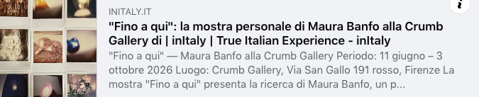 davisandc's tweet photo. L’11 giugno inaugura da CRUMB Gallery “Fino a qui”, personale di Maura Banfo. Un’indagine su tempo, memoria e trasformazione attraverso polaroid, fotografie, chine e ceramiche. Grazie a inITALY per l’approfondimento sulla mostra.
https://t.co/hWp4BqUbdG https://t.co/iaMJ6X2EgQ