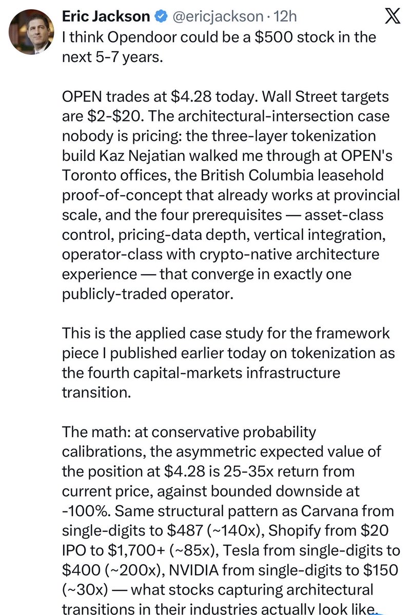 ACInvestorBlog's tweet photo. 🚀 $OPEN to $500 or $1000 ?

Eric Jackson (OPEN bull) believes Opendoor could hit $500/share in 5-7 years (stretch case), driven by real estate tokenization.

It’s not just hype it’s a 3-layer vision:

👉 Deep liquidity in housing markets
👉 On-chain property titles (real legal ownership via tokens)
👉 Tokenized products (fractional ownership, fast trading, new financial tools)

This turns the ~$400T global real estate market into liquid, tradable assets like stocks. Opendoor is building the infrastructure for it. 

On the other hand, Felix believes it could even reach $1000. With the stock already showing signs of reversal, a trend reversal could spark renewed strong interest in the stock once again. FULL of SHORTS 

What do you think, $500 or $1000 ? DYOR! 💡