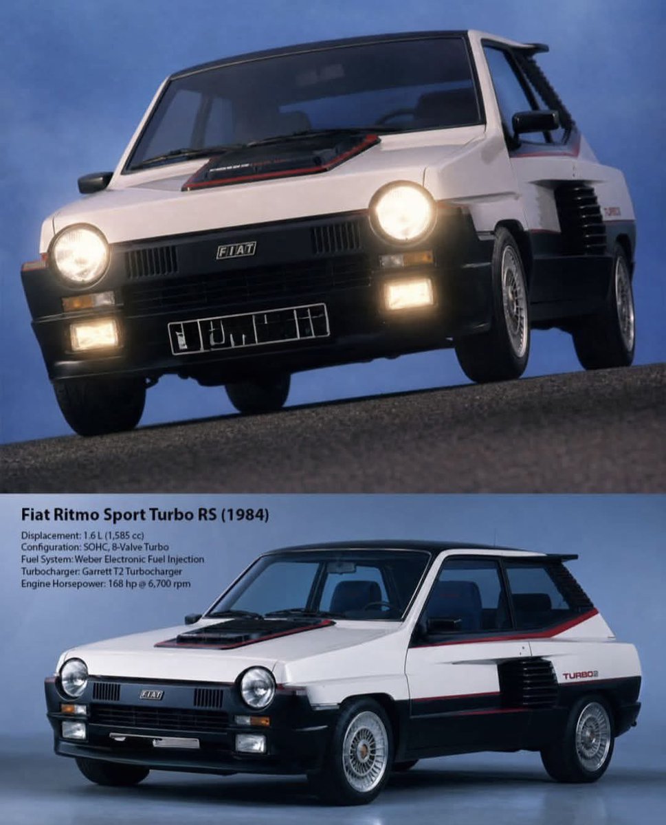 SalvOasi's tweet photo. Fiat Ritmo Sport Turbo RS, 1984.

Una Ritmo fuori dal coro: compatta, squadrata, aggressiva, con quell’aria da utilitaria trasformata in piccola belva da strada. Nel 1984 la Ritmo era già nella seconda serie, più razionale e matura, mentre le versioni sportive come la 105 TC e la Abarth 130 TC tenevano alto il nome Fiat tra le compatte pepate dell’epoca.  

La Sport Turbo RS richiama proprio quell’immaginario: spoiler, assetto, grinta anni Ottanta e il fascino delle elaborazioni quando bastavano pochi dettagli per rendere un’auto normale molto più cattiva. Una Ritmo con il carattere giusto, nata in un periodo in cui anche le compatte sapevano avere personalità.