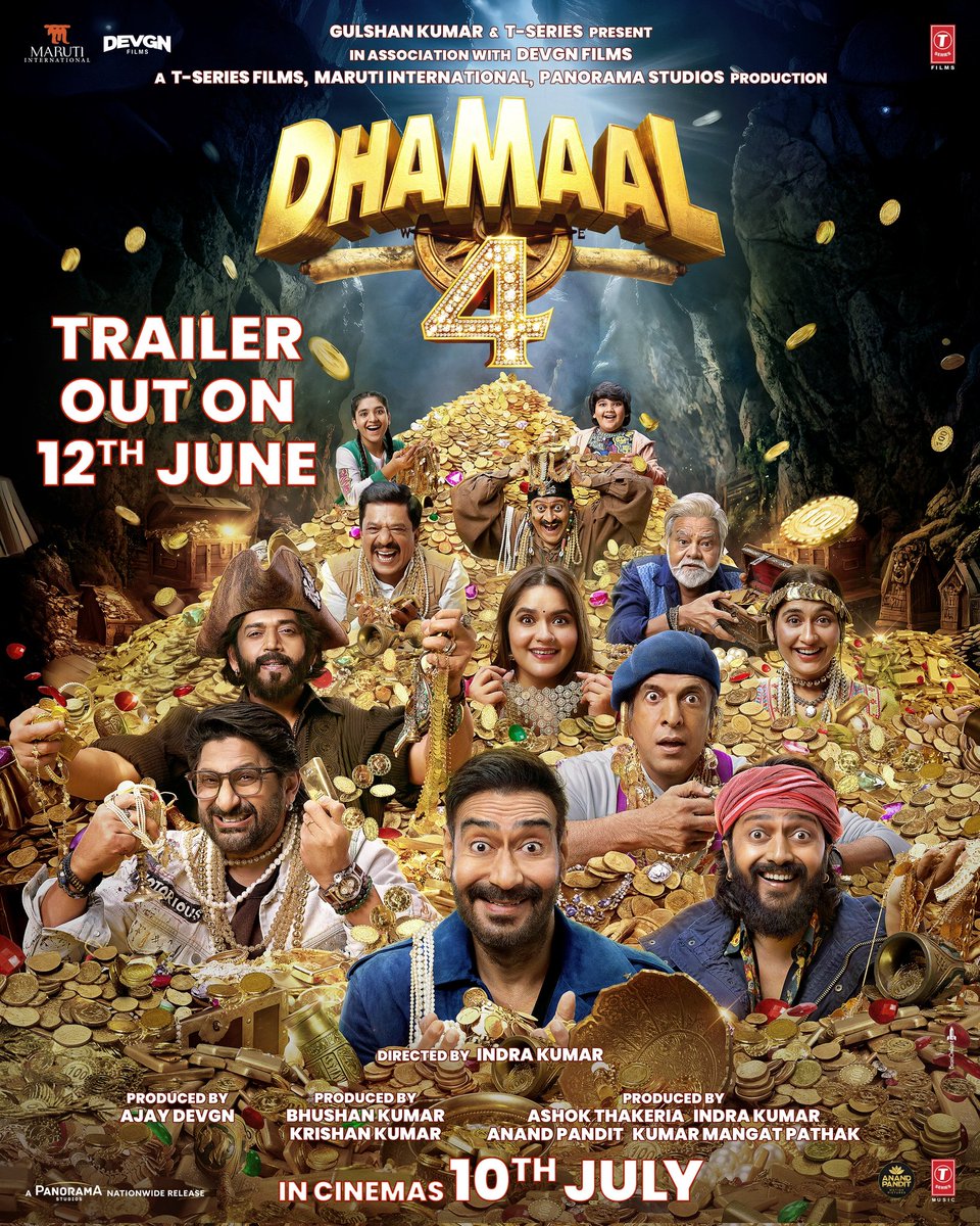 taran_adarsh's tweet photo. AJAY DEVGN - ARSHAD WARSI - RITEISH DESHMUKH - JAAVED JAAFERI - SANJAY MISHRA - RAVI KISHAN: 'DHAMAAL 4' TRAILER DROPS ON 12 JUNE 2026 – 10 JULY 2026 RELEASE... #Dhamaal4 is now set to hit theatres on 10 July 2026, instead of 17 July 2026.

Also, the #Dhamaal4Trailer will be unveiled on 12 June 2026.

#AjayDevgn | #BhushanKumar| #KumarMangatPathak | #AnandPandit | #IndraKumar