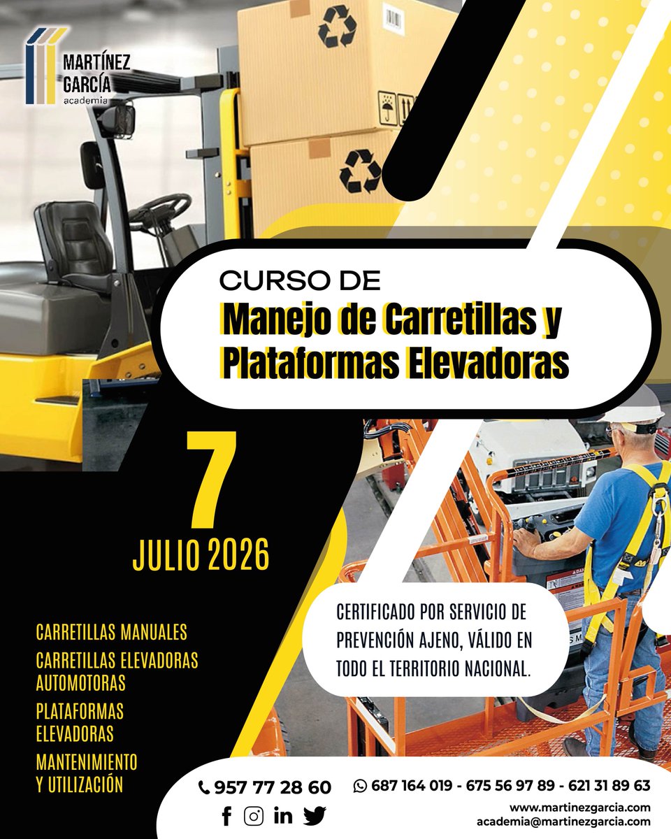 AcademiaMG's tweet photo. 🚨 Curso de Manejo de Carretillas y Plataformas Elevadoras.

🗓 7 de julio de 2026

ℹ️ Certificado por Servicio de Prevención ajeno. Válido en todo el territorio nacional.

Más info e inscripciones:
☎️ 957 772 860
📱 687 164 019
📱 675 569 789
📱 621 31 89 63 https://t.co/XCyMmiE4b2