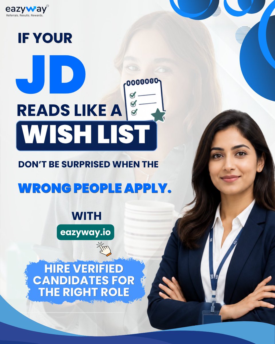 Eazywayconsul's tweet photo. A job description that asks for 8 years of experience, 3 different skill sets, and "startup mindset" for a mid-level role is not a JD. It's a wish list.
Register on https://t.co/86bNm1T6GU and hire the right candidate
#JobDescription #Hiring #JDWriting #HRIndia #Eazyway https://t.co/1wqW99gIEe