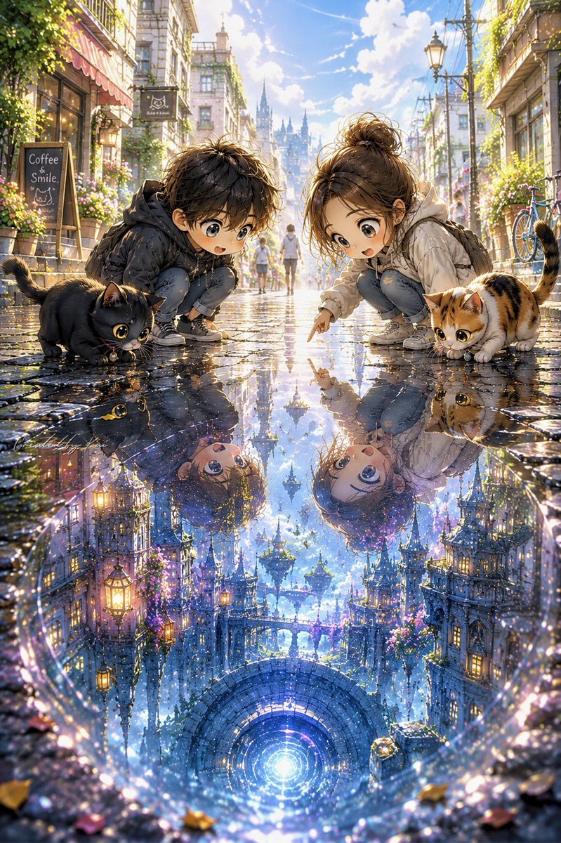 paskal_ren's tweet photo. 企画参加させていただきます✨

テーマ: 水たまりに映るもうひとつの街

ふと覗き込んだ先に
もうひとつの街✨

#AIart https://t.co/QsypaknhlK