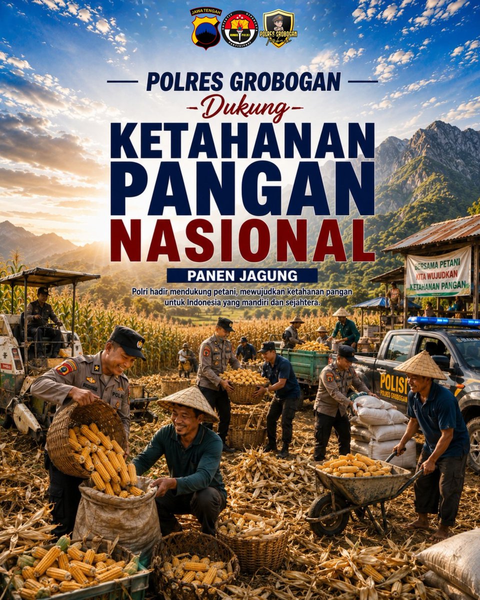 multimediagrob's tweet photo. 🌽POLRES GROBOGAN DUKUNG KETAHANAN PANGAN NASIONAL 🇮🇩🌽

Sebagai bentuk dukungan terhadap program ketahanan pangan nasional, Polres Grobogan bersama para petani terus bersinergi dalam mendukung sektor pertanian, salah satunya melalui kegiatan panen jagung di wilayah Grobogan. https://t.co/eeuHnvS5zp