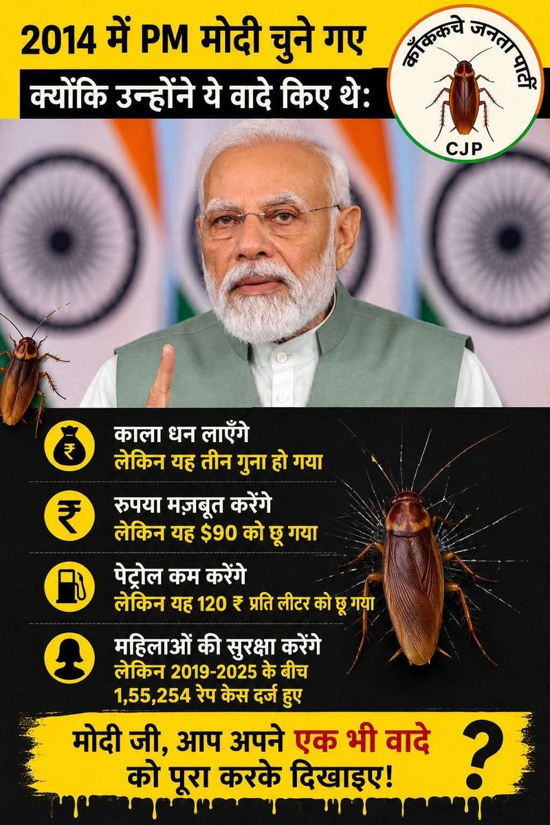 rbl_ankit's tweet photo. 🚨 2014 में वादे बड़े-बड़े थे, लेकिन आज जनता सवाल पूछ रही है... आपके 12 साल पूरे होने पर 

💰 काला धन कहाँ गया?
⛽ पेट्रोल इतना महंगा क्यों?
💵 रुपया कमजोर क्यों?
👩 महिलाओं की सुरक्षा पर जवाब कौन देगा?

लोकतंत्र में सवाल पूछना देशभक्ति है, गुनाह नहीं। https://t.co/0HuTNnDaKs
