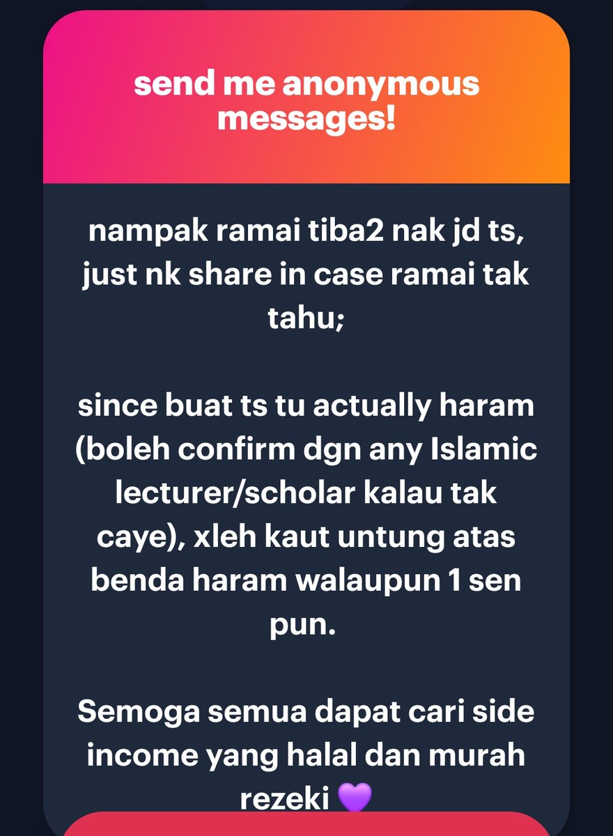 kthloveme's tweet photo. hm? betul ke TS tu haram..?

if non refundable even tak secure yes i know haram huhu i tak pro sangat bab ni tapi semoga kita semua dapat income yang halal💜 https://t.co/YVgUN5Twtk