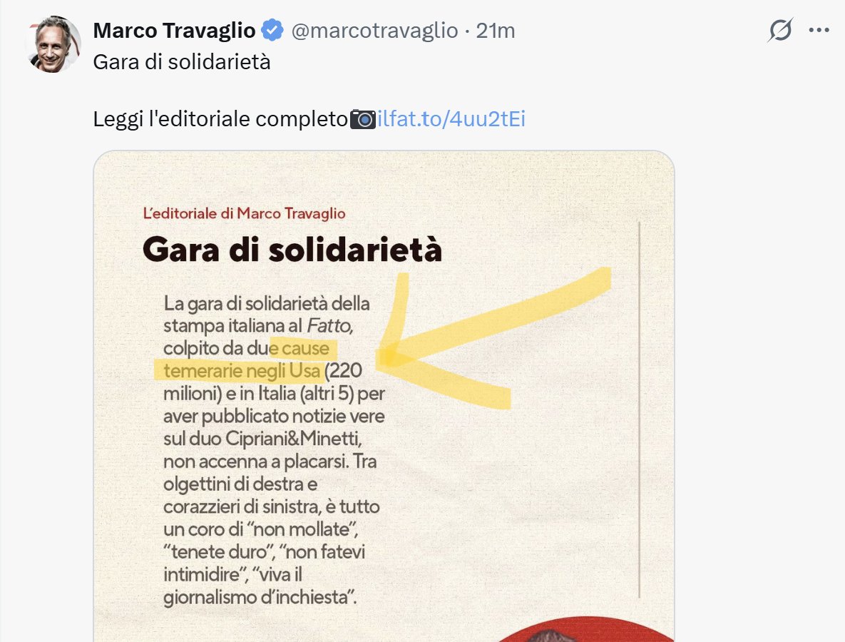 settime2588's tweet photo. A ogni denigrazione ed invettiva che il direttore del Fatto Quotidiano pubblica contro la controparte penso che la giuria USA alzerà l' importo da pagare di 2 milioni di $.
Questi non mi sembrano articoli di informazione, sono invettive che pongono gli azionisti ma soprattutto i creditori della società in crescente rischio di perdita.
Continuo a chiedermi che cosa stiano a fare il collegio sindacale e l' intero consiglio di amministrazione che per proteggere gli interessi di azionisti e creditori dovrebbero forse intimare al direttore del giornale, che non ha nessuna carica sociale, di smetterla.

Ricordo che ad oggi non trovo comunicazioni ufficiali della società al mercato circa i due procedimenti legali e che a 41 giorni dalla assemblea degli azionisti non vedo pubblicato il verbale di assemblea che mi risulta dovrebbe essere pubblicato dopo 30 giorni.
Che strano