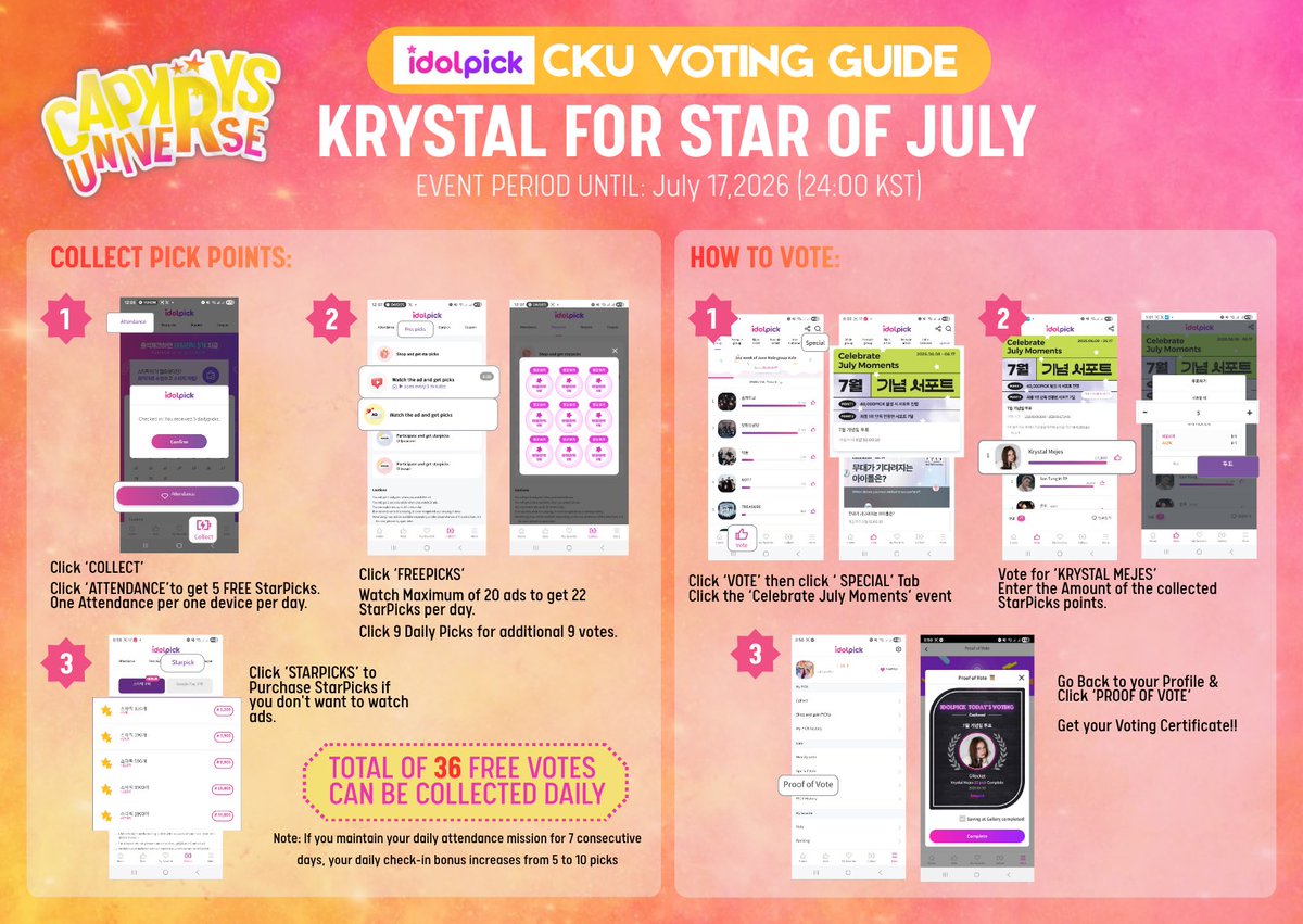 capkrysuniverse's tweet photo. 🚀 CONTROL MISSION ANNOUNCEMENT 🚀

Starlight 🤖 has received an important transmission for all passengers aboard the CKU Rocketship.

Commander Krystal Mejes is currently participating in IdolPick's "Star of July" mission, and we need the full power of the universe to help her shine even brighter! 

Every StarPick collected and every vote cast brings us one step closer to achieving special support rewards and a chance to secure the 1st Place Myeongdong Billboard Support for 7 Days! 

#KrystalMejes #IdolPick #아이돌픽