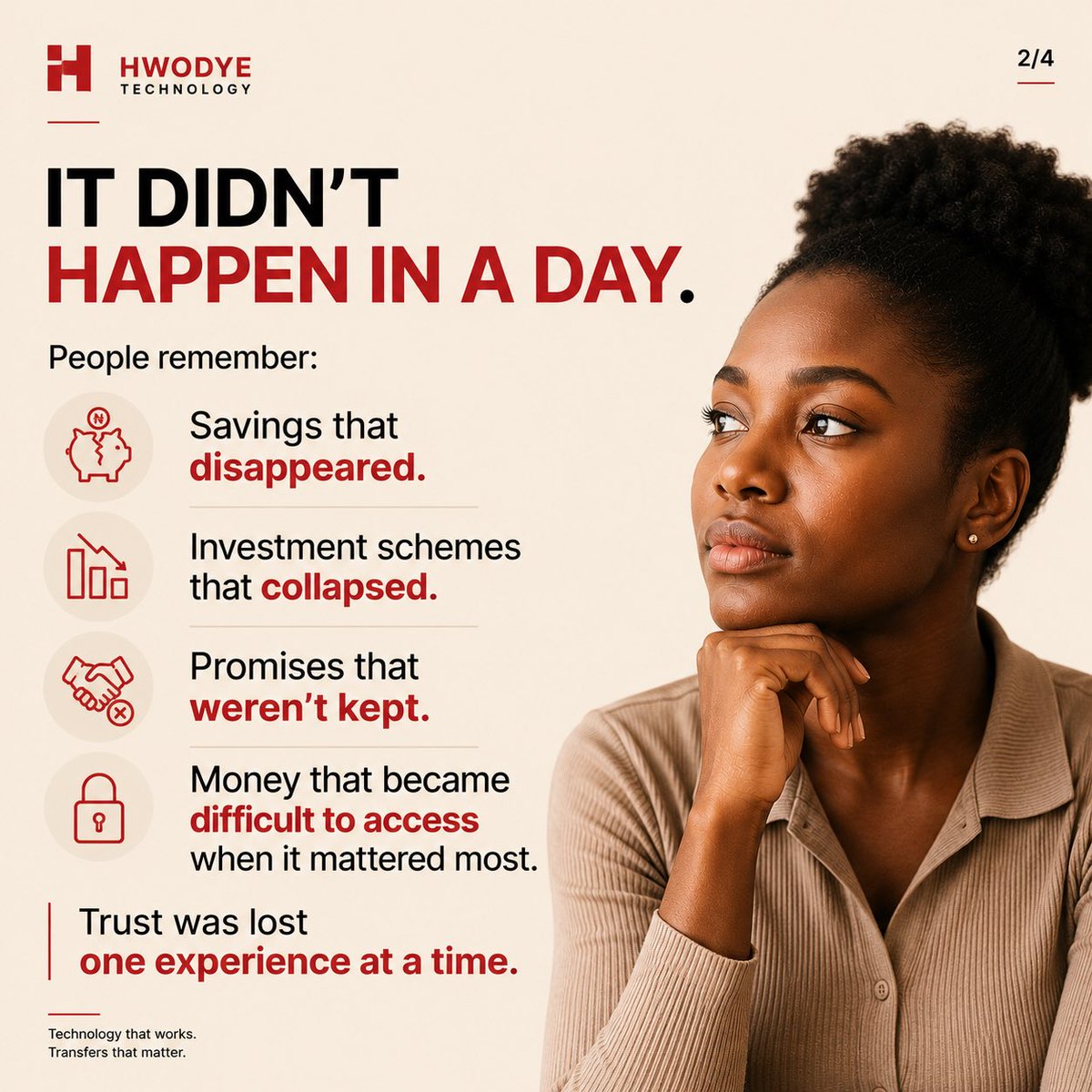 HwodyeTech's tweet photo. Trust wasn't lost overnight.

It was shaped by broken promises, failed schemes, inaccessible funds, and experiences people never forgot.

Before innovation comes trust.

What would make you trust a financial system again?

#Nigeria #Fintech #AfricanFinance https://t.co/X4GdCv53v6