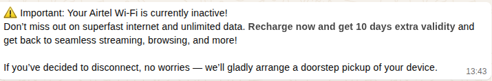 mlvora's tweet photo. @airtelindia Like the last time when I closed my other Airtel wifi connection, this time also I am getting msgs even after submitting the device from your broken and fucked up system. You have tarnished your impression because of such fucked up behaviour. https://t.co/FvMqlbtnjC