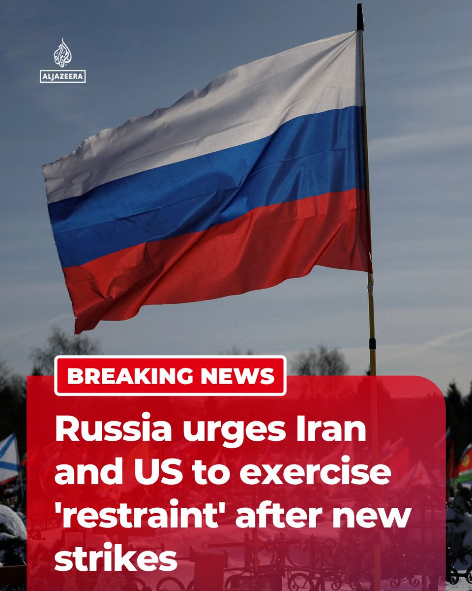 AJENews's tweet photo. BREAKING: Russia has urged both Iran and the US to exercise "restraint" after the two countries traded strikes in the latest escalation since the April 8 ceasefire.

🔴 More on https://t.co/5H0QqpfIYw https://t.co/SCI6s1eOPl