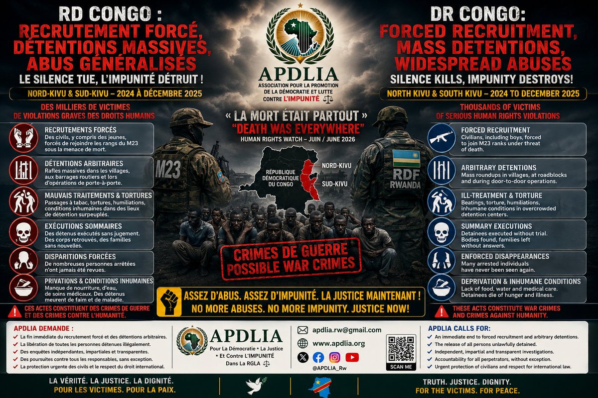 TheoMpoze's tweet photo. 🚨🚨 #HRW ACCUSE LE #M23 ET LA #RDF DE #PAULKAGAME ‼️

« La mort était partout » : détentions arbitraires, exécutions et recrutements forcés par le M23 et les Forces de défense rwandaises (RDF)

Dans son nouveau rapport publié le 10 juin 2026, Human Rights Watch (HRW) accuse les Forces de défense rwandaises (RDF) et le M23 d'avoir mené une campagne systématique de recrutement forcé, de détentions arbitraires et d'abus graves contre des milliers de civils et d'anciens combattants dans les provinces du Nord-Kivu et du #Sud_Kivu, à l'est de la République démocratique du Congo. 

🔵📢 Une campagne de grande ampleur

Le rapport de 78 pages, intitulé « Death Was Everywhere » (« La mort était partout »), documente des faits commis entre mi-2024 et décembre 2025. Selon HRW, des milliers de personnes ont été arrêtées lors de rafles massives dans les zones contrôlées par le M23 et les RDF.

Les victimes étaient notamment :

▪️des civils accusés, souvent sans preuve, d'appartenir aux groupes d'autodéfense #Wazalendo ;

▪️des anciens militaires congolais ;

▪️d'anciens combattants capturés ;

▪️des jeunes hommes interceptés dans les villages, aux barrages routiers ou lors d'opérations de porte-à-porte.

⚫ Recrutements forcés

HRW affirme que de nombreuses personnes ont été contraintes de rejoindre les rangs du M23. Certaines ont été menacées de mort si elles refusaient de combattre.

Des témoins interrogés par l'organisation ont décrit un choix brutal :

« Rejoignez-nous ou mourrez. »

📌 Selon le rapport, plusieurs détenus ont été transférés vers les camps de #Rumangabo et #Tshanzu, au #Nord_Kivu, où ils ont subi des entraînements militaires forcés.

⚪ Détentions inhumaines et violences

HRW décrit des conditions de détention particulièrement sévères :

▪️surpopulation extrême ;
▪️manque de nourriture et d'eau ;
▪️absence de soins médicaux ;
▪️passages à tabac ;
▪️tortures ;
▪️exécutions sommaires ;
▪️disparitions forcées.

D'anciens détenus ont déclaré avoir vu des personnes mourir sous leurs yeux à la suite des mauvais traitements.

🟤 Des violations susceptibles de constituer des crimes de guerre

Human Rights Watch estime que plusieurs de ces actes pourraient constituer des crimes de guerre, notamment :

▪️le recrutement forcé ;
▪️les détentions arbitraires ;
▪️les exécutions extrajudiciaires ;
▪️les mauvais traitements infligés aux personnes privées de liberté.

L'organisation rappelle que le droit international humanitaire interdit strictement ces pratiques.

🟢📍 Les recommandations de HRW

Face à la gravité des faits documentés, HRW demande :

➡️ au Rwanda et au M23 de mettre immédiatement fin aux recrutements forcés et aux détentions abusives ;

➡️ la libération des personnes détenues arbitrairement ;

➡️ des enquêtes indépendantes sur les abus commis ;

➡️ des poursuites contre les responsables, quel que soit leur rang ;

➡️ une implication accrue de la communauté internationale pour protéger les civils et lutter contre l'impunité.

⚖️🔵 CONCLUSION 

Ce nouveau rapport renforce les préoccupations déjà exprimées par plusieurs mécanismes internationaux concernant la situation dans l'est de la RDC. En décrivant des milliers de victimes de recrutements forcés, de détentions arbitraires et de violences graves, Human Rights Watch souligne l'urgence d'établir la vérité, de protéger les populations civiles et de garantir que les auteurs présumés de ces violations répondent de leurs actes devant la justice.

🔹« La mort était partout », conclut HRW, rappelant qu'il ne peut y avoir de paix durable sans responsabilité et sans justice pour les victimes.🔹

@hrw @hrw_fr @EU_Commission @SecRubio @Europarl_EN @Europarl_FR @EUinRW @UEenRDC @UEauBurundi @Com_mediasRDC @_AfricanUnion @jumuiya @SADC_News