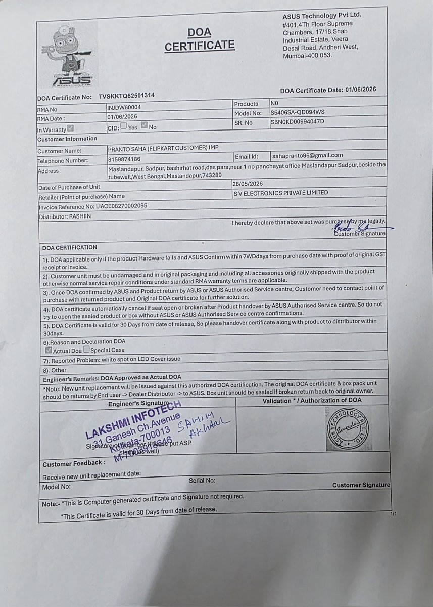 PRANTO_SHA's tweet photo. ⚠️ EXPOSED: @Flipkart @FlipkartSupport Senior Team Backs Out After Taking "Complete Ownership"!
Defective ASUS laptop delivered (ID: OD437676889869781100). ASUS Engineer issued official DOA Certificate (No: TVSKKTQ62501314) confirming display defect.
*Flipkart's Senior Escalation Team personally called me, admitted the fault , and solemnly promised a resolution within 48 hours. Today, that official deadline is GONE! No pickup, no replacement, pure harassment!
​12-13 days of suffering, my work is completely dead! How can a senior team shamelessly break their own promise?
@jagograhakjago @ASUSIndia
​#FlipkartScam #ConsumerCourt #FraudFlipkart  #FlipkartSupport