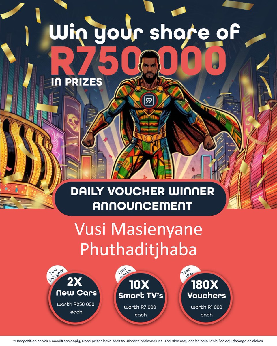 NetNineNine's tweet photo. We are still giving away prizes from our massive R750 000 giveaway. Stay tuned to our social media pages because the next Tsoma competition is dropping this afternoon.

A huge shoutout to our recent lucky winner, Vusi Masienyane from Phuthaditjhaba.

Didn’t win yet? Don’t stress, your chance could be next! Simply Follow, Like, Comment, and Share to stand a chance of walking away with exciting prizes.

https://t.co/gnsQsJ7hDY

#net99
#beahero
#car_nival
#net99carnival