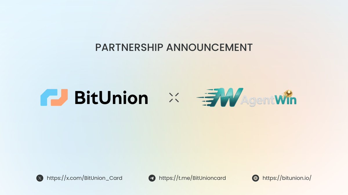 BitUnion_Card's tweet photo. 🤝 很高興宣布，#BitUnion 與 @AgentWin_pro 達成合作！

雙方將共同推動 #PayFi 生態發展，為用戶帶來更豐富的 #CryptoPayment 體驗。

期待與 AgentWin 一起展開更多精彩合作。 https://t.co/tZgdKjQ1Xq
