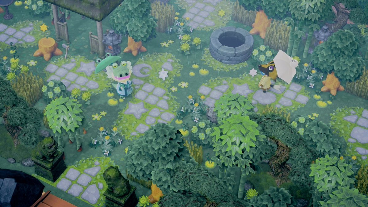YPa6gvaNJXEcYvN's tweet photo. 梅雨と新緑🌧️🌿
雨の降る日が多い今日この頃は、木々の緑がよく映える時期でもあります🌳🫧
緑色の紫陽花が咲く雨降る新緑の道を散策している住民達の姿もちらほら🐺🦅🐊
傘やカッパは雨の日ならではの装い☂️🌁
#あつまれどうぶつの森 
#あつ森写真部 
#ACNH https://t.co/LdV8XHOF1E