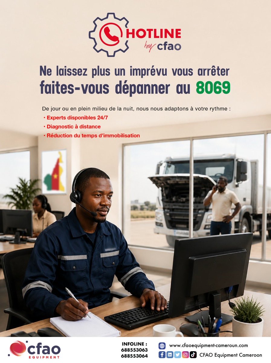cami_equipment's tweet photo. 🚨 Nouveau ! La Hotline by CFAO est désormais disponible.

📞 8069
Assistance technique 24h/24 – 7j/7
Diagnostic à distance
Réduction du temps d’immobilisation

Un appel, une solution. #HotlineByCFAO #CFAOEquipment https://t.co/hlaQnGiM24