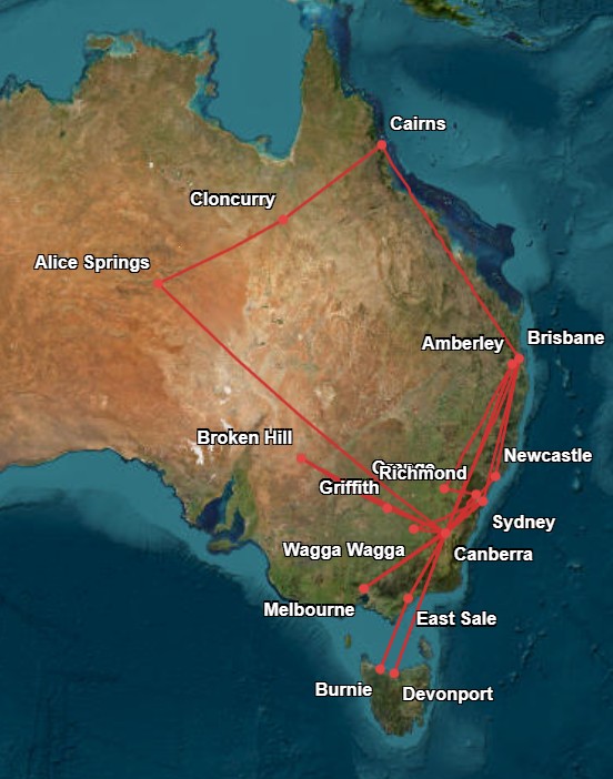 raaf_vip's tweet photo. Flight stats for May.  

🏆Workhorse award goes to A56-003

Boeing 737 MAX 8 BBJ // A62-001 // #7CFA93 
Flight time: 46hrs 33mins
Distance*: 24,217 kms
✈️
B38M // A62-002 // #7CFA94 
Flight time: 52hrs 44mins
Distance: 27,217 kms
✈️
Dassault Falcon 7X // A56-001 // #7CFA71 
Flight time: 41hrs 50mins
Distance: 21,660 kms
✈️
FA7X // A56-002 // #7CFA72 
Flight time: 27hrs 48mins
Distance: 18,013 kms
✈️
FA7X // A56-003 // #7CFA73 
Flight time: 71hrs 52mins
Distance: 52,016 kms

Longest flight was Richard Marles' trip from Aqaba, Jordan to Singapore on the 18th. FA7X 003 covered 7,900 kms* in a time of 10 hours.

Shortest flight (not including circuits) was the PM's trip from Wollongong to Nowra on the 22nd, that flew 49 kms* in 15 minutes. FA7X 003 takes this title as well.

Below is all the routes covered by the different aircraft.     *Distance is great circle distance measured by https://t.co/GXaiqVMxjE 

#RAAF #AusAirForce #Boeing #B38M #Dassault #Falcon7X #FA7X