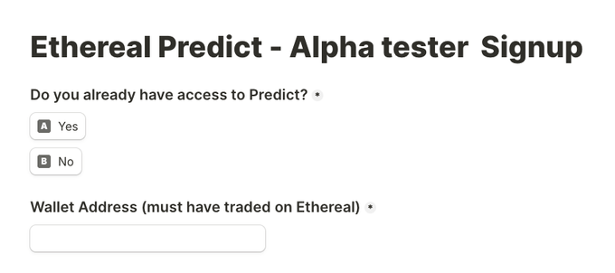 AshuoJiang's tweet photo. Ethereal Predict - Alpha 测试者白名单。 

如果你还没有访问 @etherealdex Predict 的权限，他们正在添加更多用户。只需填写下面的表单即可。 

表单：https://t.co/zV7UFIZj2V https://t.co/tBhdOENsC7