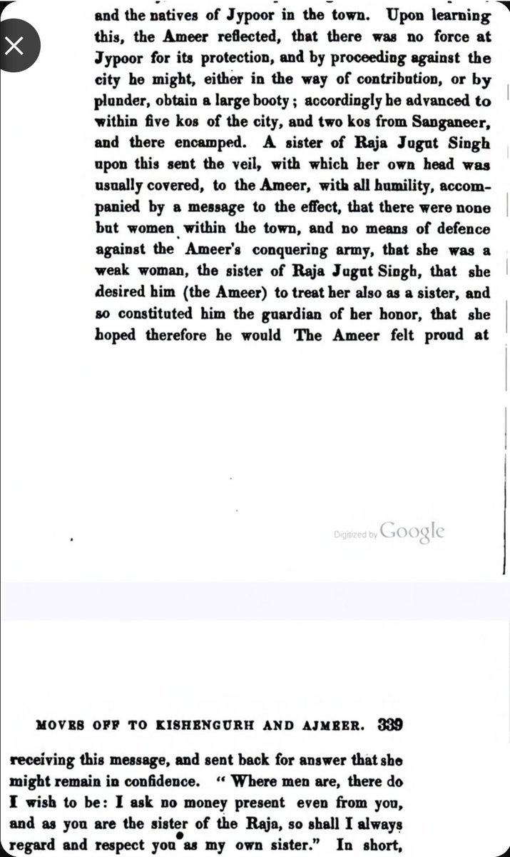 NigerianThakurs's tweet photo. After crushing army of Jaipur in Battle of Phagi in 1807 , Amir khan advanced to Jaipur to plunder it. 

In fear Sister of Jagat Singh of Jaipur sent her veil to Amir khan with all Humility and also a message that there are no men in Jaipur to defend it and she was a weak women and there were no means to defend the town. 

She requested to Amir khan to treat her like his own sister as she is the sister of Jagat Singh. 

Amir khan melted and called her his sister as she is also the sister of Rajah, he didn't even asked her for money or any other present.