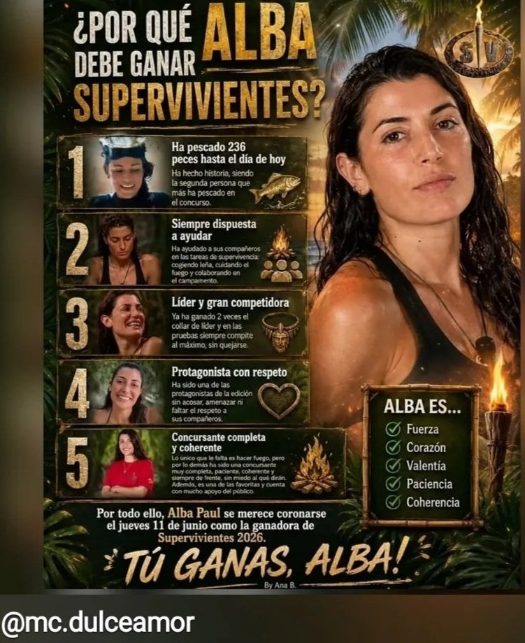 AlbaPaulcf1's tweet photo. #SVSemifinal
#Albaganadora
merece llegar hasta el duelo por ser una de las concursantes más completas, ha dado contenido, pruebas, supervivencia, siempre coherente y siendo ella misma 🔥🔥 https://t.co/77AdSTCCm0