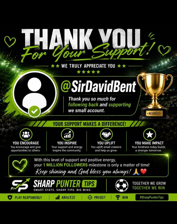 SharpPunter001's tweet photo. @SirDavidBent, thank you so much for the follow back. I truly appreciate your support and willingness to encourage smaller accounts like ours.

Your kindness and consistency do not go unnoticed, and I'm genuinely grateful for the positive impact you're making within the community.

With this level of support and energy, I have no doubt that your journey to 1 million followers is only a matter of time.

Thank you once again for being supportive and inspiring others to grow. Wishing you continued success and greater achievements ahead.

God bless you, boss. 🫡❤️