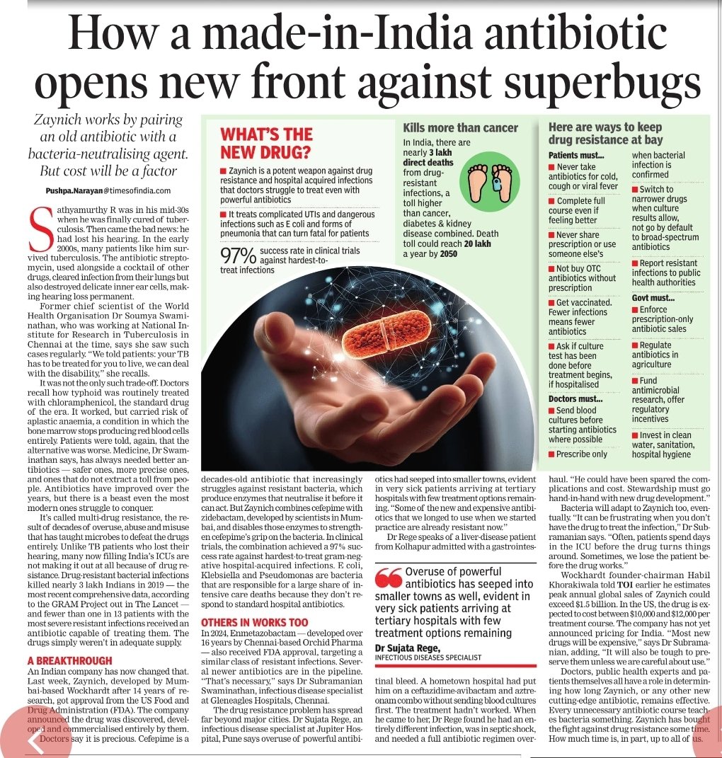 Toi_pushpa_n's tweet photo. 🇮🇳 lab's FDA approved Zaynich — answer to superbugs.
97% success. Targets E. coli, Klebsiella &amp; Pseudomonas.
Drug-resistant infections kill 3 lakh Indians/year. Could hit 20 lakh by 2050.
But every antibiotic we misuse chips away at its power. @TOIHealth_Plus @timesofindia https://t.co/O6r4hjBgNG